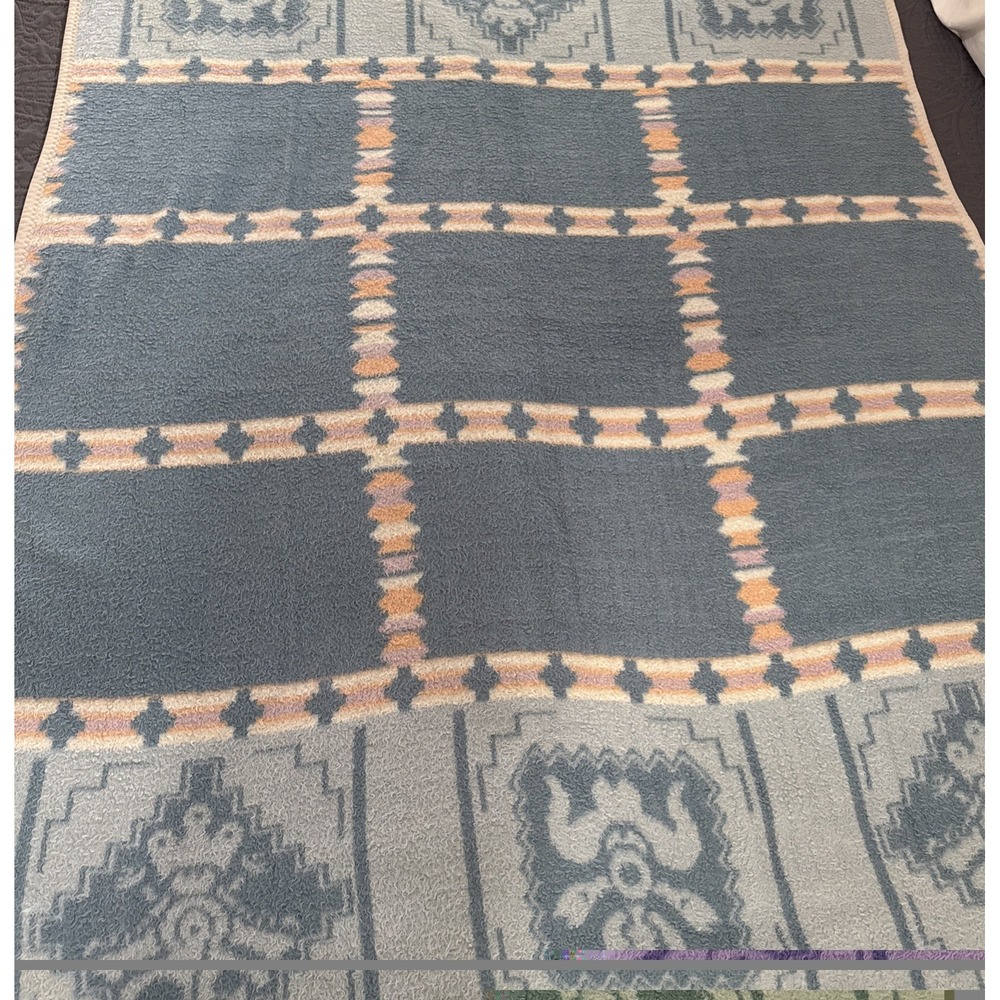 Vintage Ibena Throw Blanket Cotton Acrylic Aztec Fleece Blue Cabin Core 54x 74"